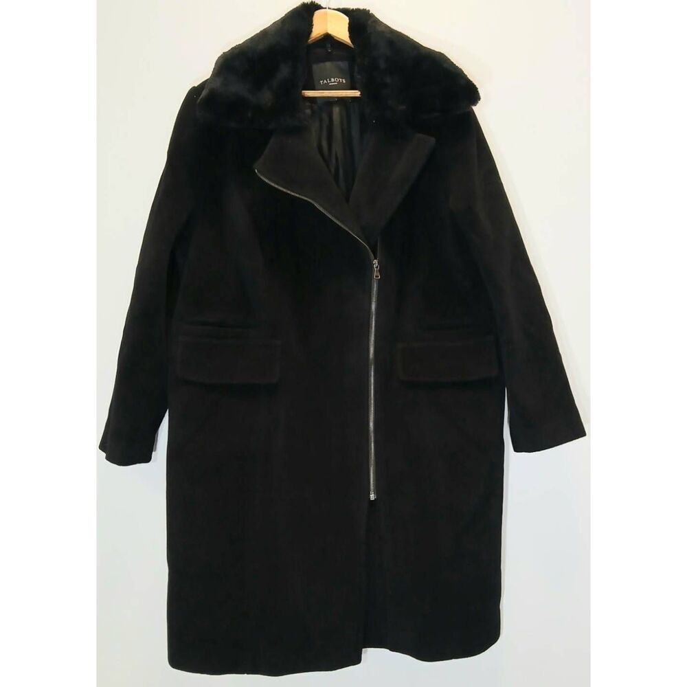 Talbots womens size 18w long wool coat black fur collar wimter jacket
